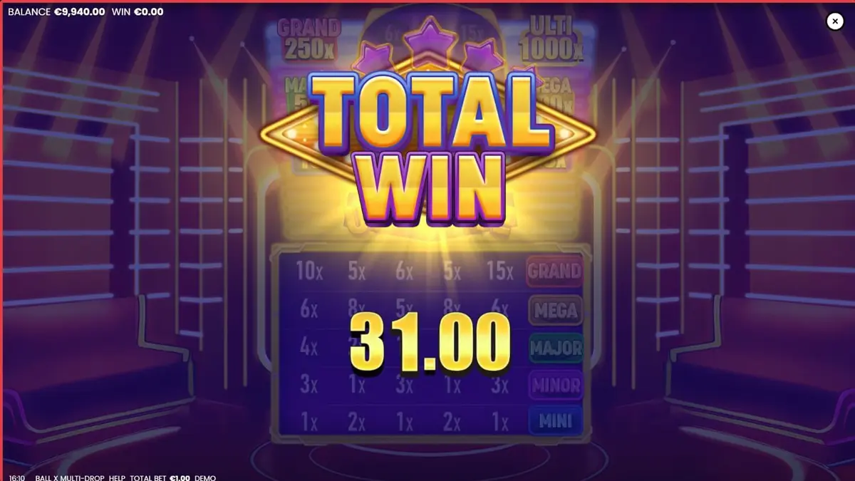 Tampilan visual slot Ball X Multi-Drop dengan tema neon dan simbol buah klasik.