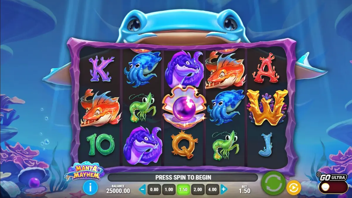 Tampilan visual slot Manta Mayhem dengan tema bawah laut yang cerah