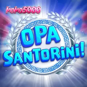 Tampilan visual slot Opa Santorini dengan latar belakang pemandangan Mediterania dan grid permainan yang cerah.
